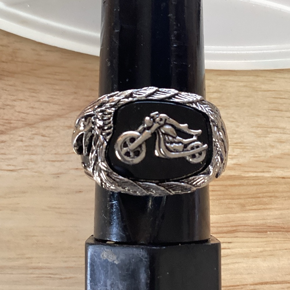 Men's Silver Motorcycle Signet Ring with Black Enamel